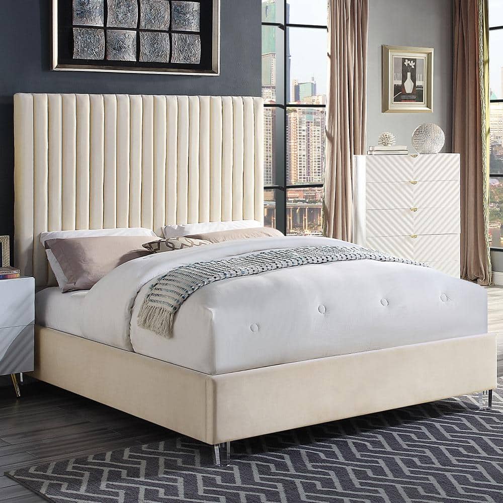 Beige Velvet Upholstered Queen Bed with Tufted Headboard and Slats