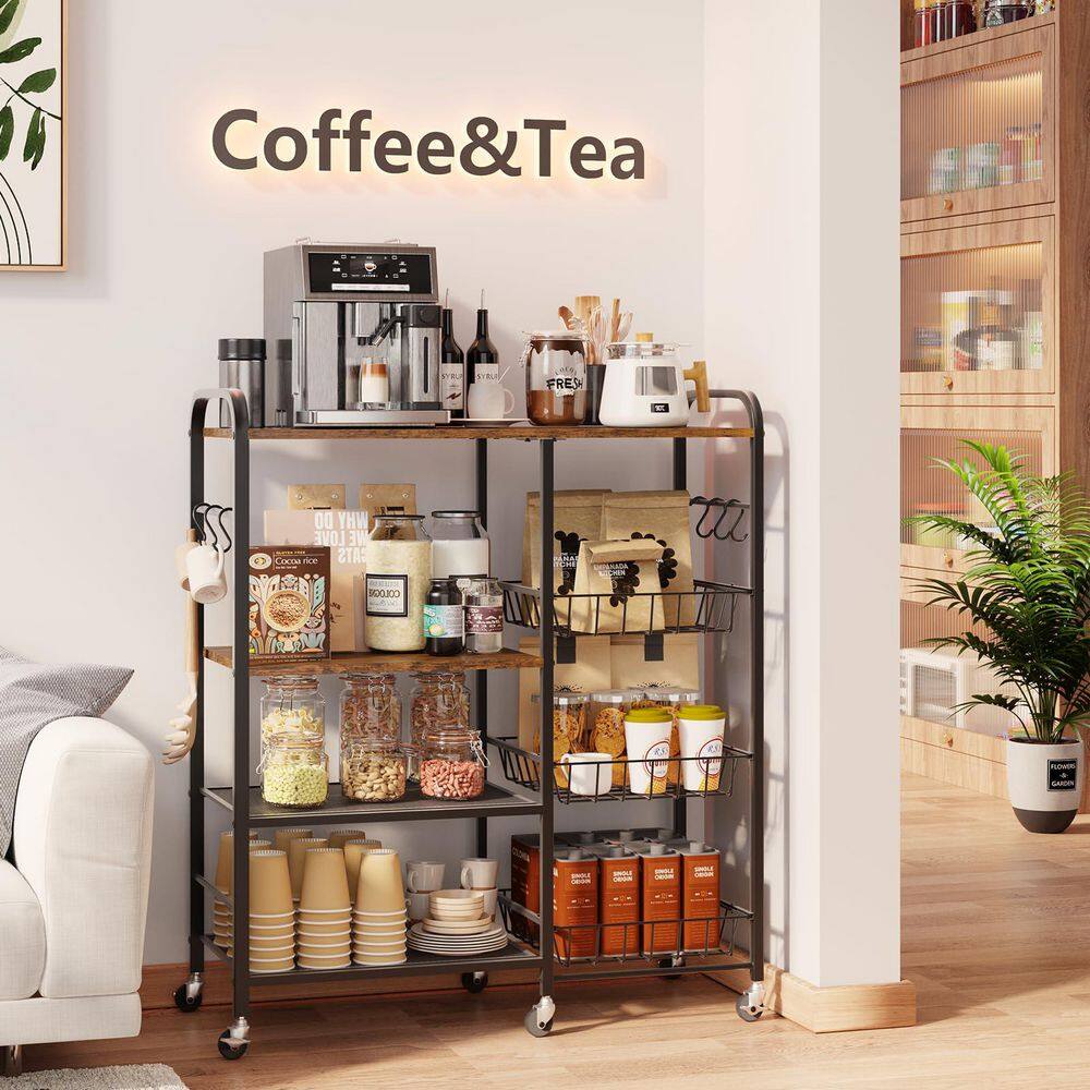 4-Shelf Brown Pantry Organizer with Pull-Out Baskets & Wheels, Rolling Storage Cart for Living Room Office, Balcony