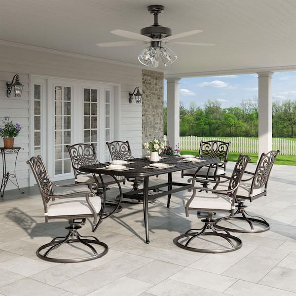 Clihome 7-Piece Cast Aluminum Outdoor Dining Table Set with Diagonal Flower-Shaped Dining Chairs and Gray Cushions