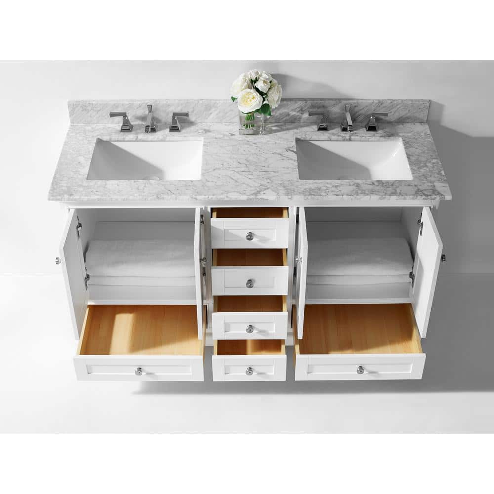 Audrey 60" White Wood Bathroom Vanity Set with Marble Top
