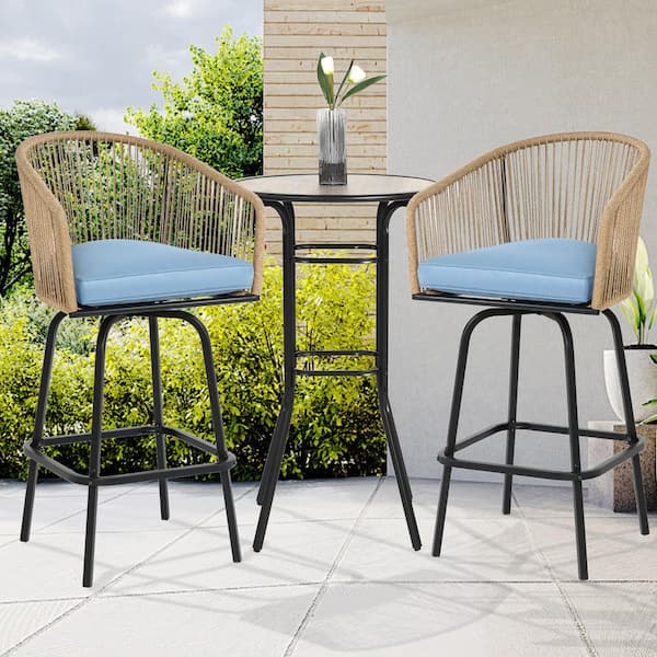 HOMEFUN 3-Piece Steel Woven Wicker Outdoor Dining Set 2-Swivel Bar Stools with Blue Cushion and 1-Height Adjustable Leg Table
