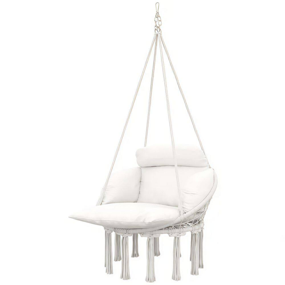 White Hanging Hammock Swing Chair with Large Cushion,Chain, Boho Fringe for Indoor/Outdoor Use price history on PriceWatchPro