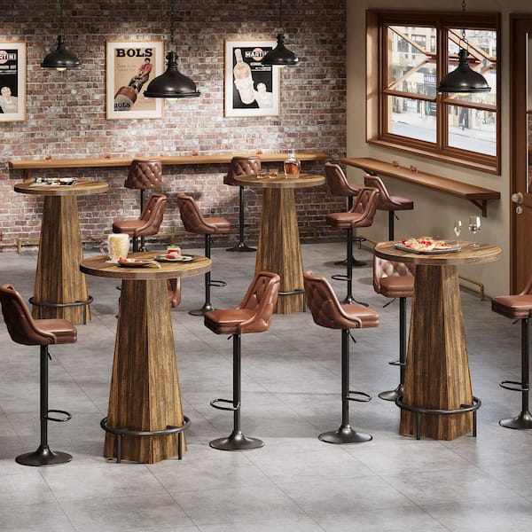 Adan 37.4 in. H Farmhouse Brown Round Bar Table, Bistro Pub Table with High Top and Metal Footrest (Set of 2)