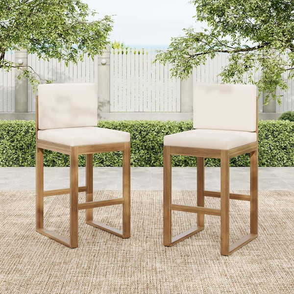 Theo Patio Solid Wood Outdoor Bar Stool with Light Beige Cushions, Footrest, Light Brown, Set of 2