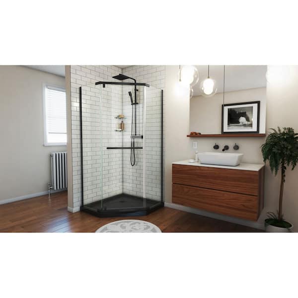 Prism 38 in. W x 74.75 in. H Neo Angle Pivot Semi Frameless Corner Shower Enclosure in Black with Black Shower Base
