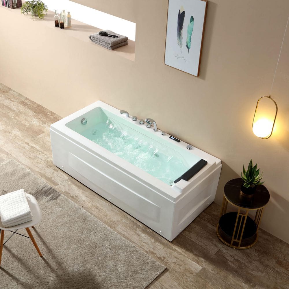 67 in. Left Drain Rectangular Alcove Whirlpool Lighted Bathtub in White with Water Jets - Tub Filler - Hand Shower price history on PriceWatchPro