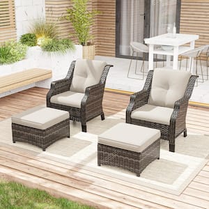 4-Piece Wicker Outdoor Patio Conversation Set with Beige Cushions and Ottoman