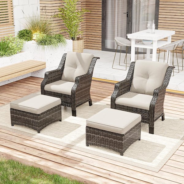 JOYSIDE 4-Piece Wicker Outdoor Patio Conversation Set with Beige Cushions and Ottoman
