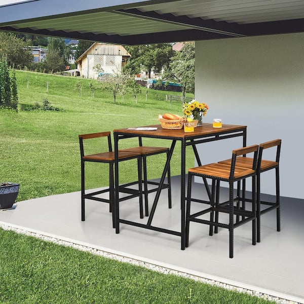 5-Pieces PE Rattan Patio Bar Table Set High-Dining Bistro Set with Acacia Wood Top