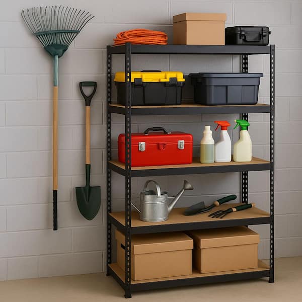 5-Tier Powder-Coated Steel Garage Storage Shelving Unit in Matte Black with HDF Racks (48 in. W x 72 in. H x 18 in. D)