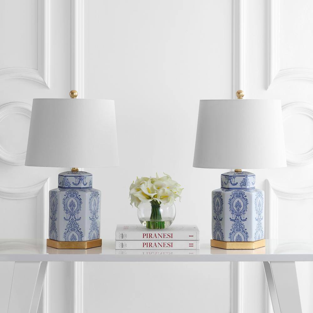 Bodin Blue and White Ceramic Table Lamp Set with Gold Leaf Finish