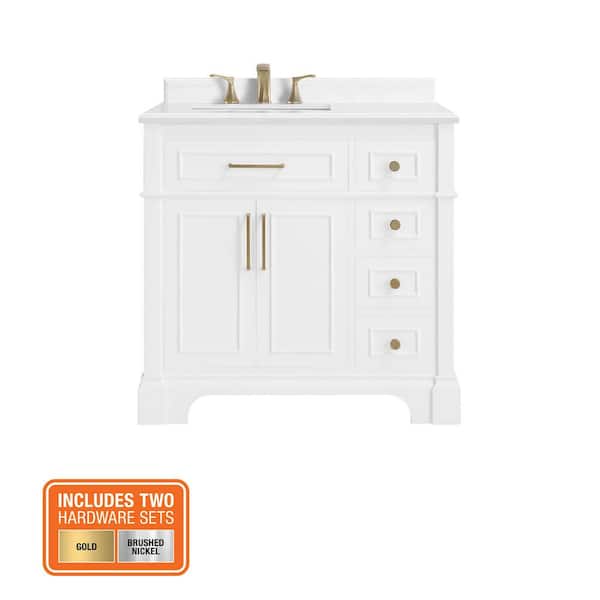 Melpark 36 in. Single Sink White Bath Vanity with White Engineered Marble Top (Assembled)
