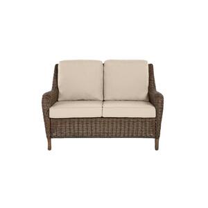 Cambridge Brown Wicker Outdoor Patio Loveseat with Sunbrella Beige Tan Cushions