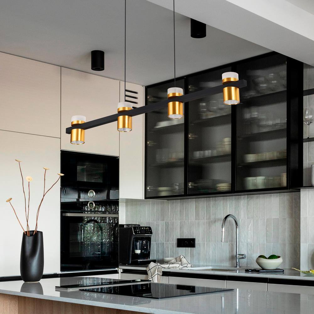 Ferro 34" Black Crystal LED Linear Chandelier with Gold Spotlights