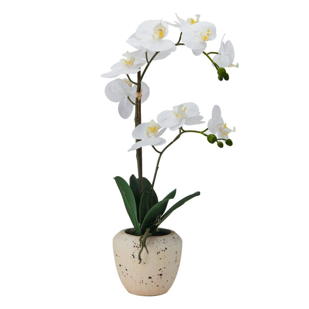 22 inch Faux Orchid in Beige Rustic Pot, White and Yellow