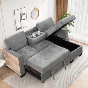 85.2 in. Gray Velvet Twin Size Sofa Bed with Storage Rack Storage Chaise Drop Down Table and USB Charger