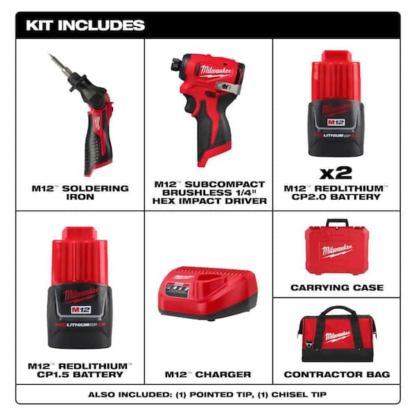 M12 12-Volt Lithium-Ion Cordless Soldering Iron Kit with (1) 1. 5Ah Batteries, Charger, Hard Case, & Impact Driver Kit