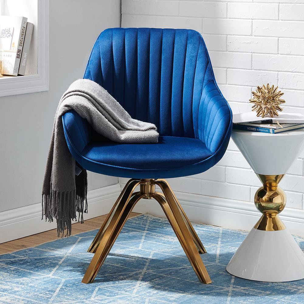 Mazarine Striated Quilted Swivel Accent Chair with Gold Metal Base