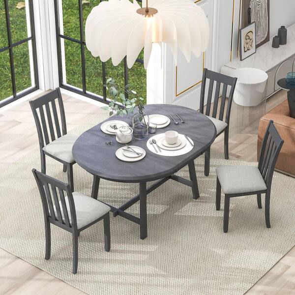 5 Piece Gray Round MDF Veneer Acacia Top Dining Table Set with Extendable Table and 4 Chairs