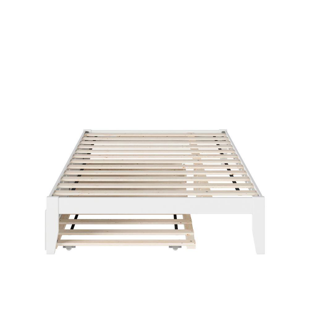 Elegant Full-Size White Platform Bed with Twin Trundle and USB Charging
