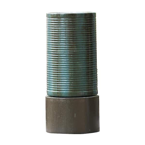 cenadinz 19.5 in. x 19.5 in. x 43.5 in. Large Concrete Cylinder Green and Brown Ribbed Water Cascade Outdoor Fountain