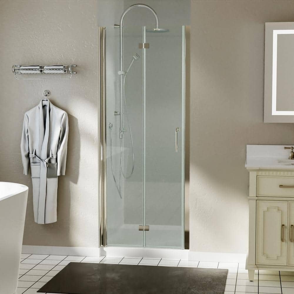 ES-DIY 30 in. - 31 in. W x 72 in. H Pivot Bi-Fold Frameless Bath Alcove Shower Door in Brushed Nickel with 1/4 in. Clear Glass