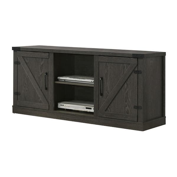 Benjara 58 in. Gray and Black Wood TV Stand Fits TVs up to 45 in. with Barn Sliding Cabinet Doors