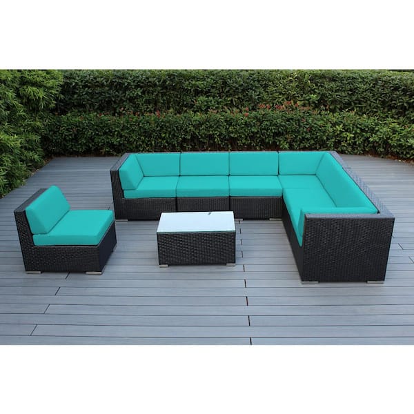 Ohana Depot Ohana Black 8-Piece Wicker Patio Seating Set with Supercrylic Turquoise Cushions