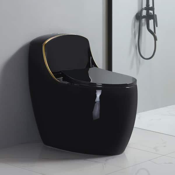 Compact 1-Piece Toilet, 1.6 GPF Single Flush Round Modern Toilet for Small Bathroom, Space Saving Toilet Black