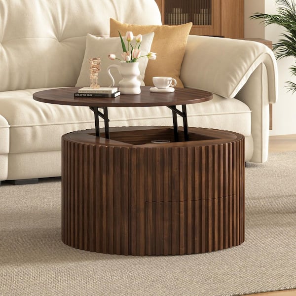 Wyrik Modern 29.8 in. Brown Fluted Round MDF Wood Lift-Top Coffee Table with Hidden Storage