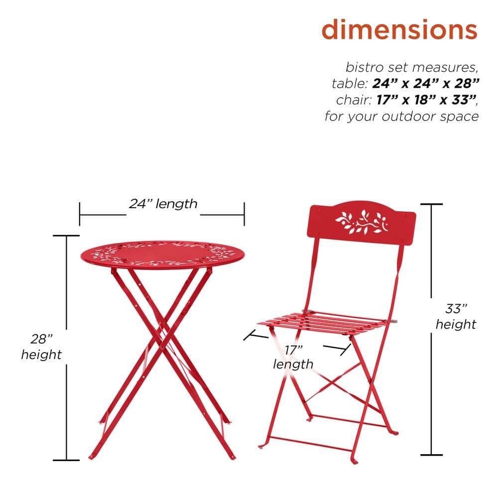 Red Elegance 3-Piece Metal Bistro Set with Intricate Leaf Design