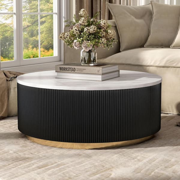 Keith 35 in. Black and White Round Marble Top Coffee Table with Gold Accent Reeded Plinth Base