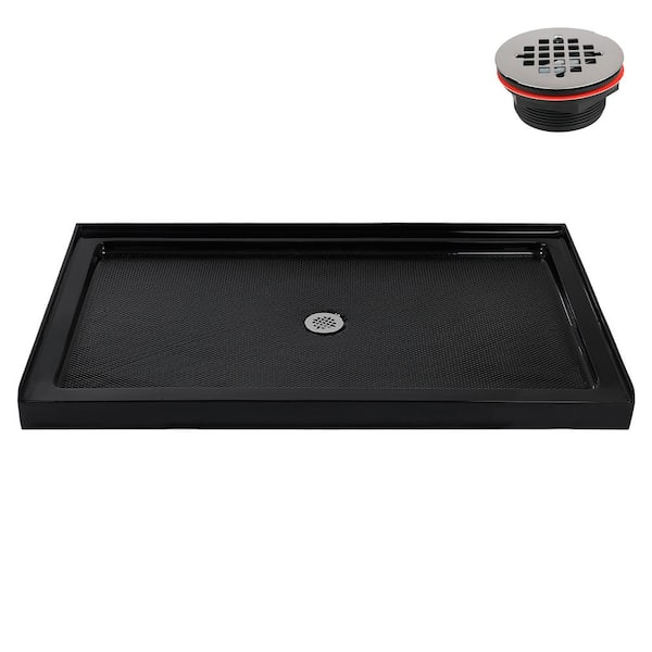 60 in. L x 36 in. W Alcove Acrylic Shower Pan Base in Glossy Black with Center Drain, Drain Included