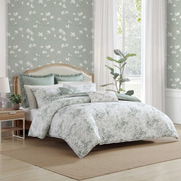 Laura Ashley Toile Delight 6-Piece Mist Green Cotton King Bonus