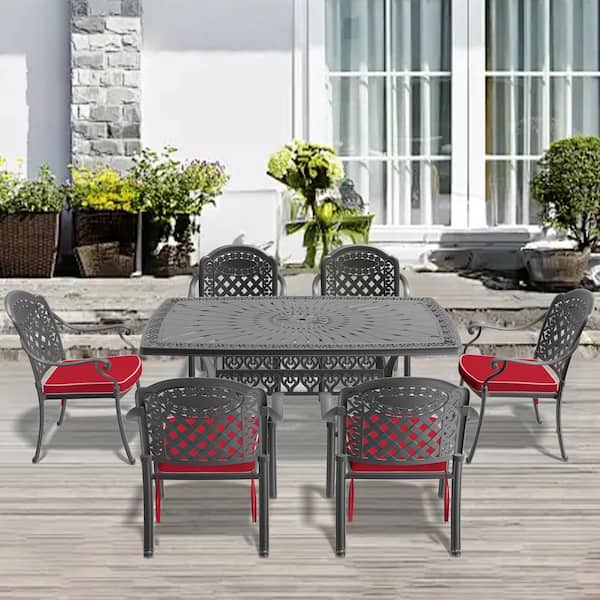 Willit Isabella Black 7-Piece Cast Aluminum Outdoor Dining Set with Rectangle Table and Dining Chairs with Random Color Cushion