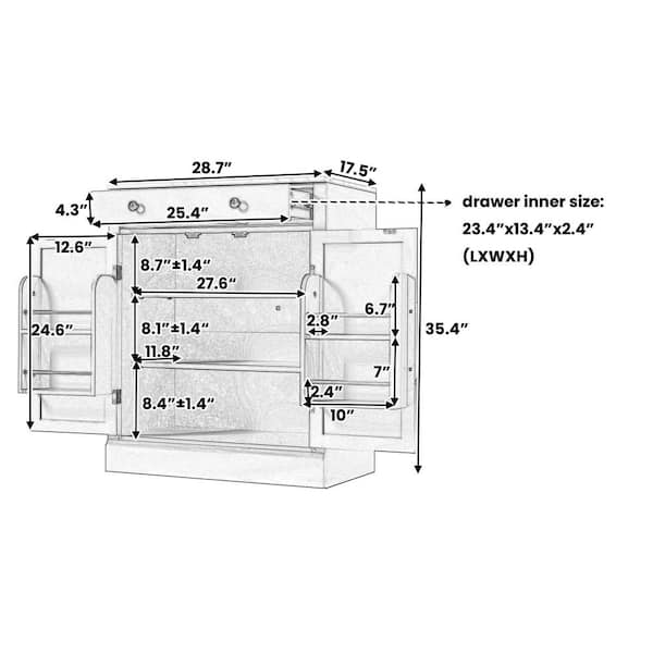 White 35.4 in. Accent Cabinet, Pantry Cabinet with Drawer, 2 Adjustable Shelves and 2 Door Shelves