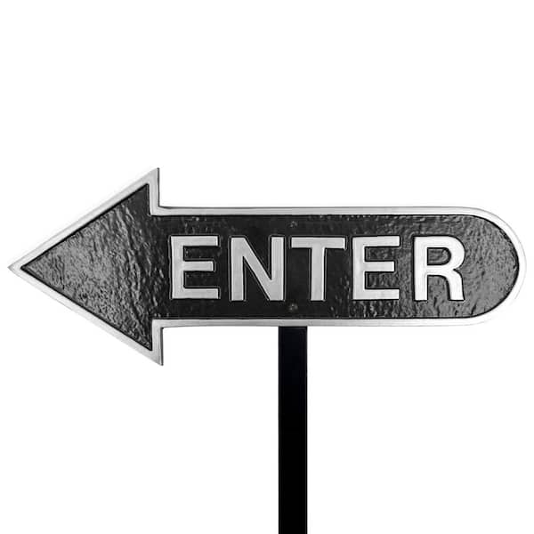 6" x 15.5" Left Arrow Enter Statement Plaque Sign with Lawn Stake-Black/Silver