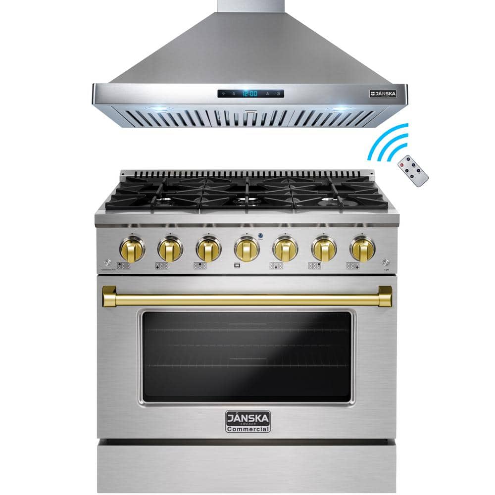 36 in. 520 CFM Wall-Mount Range Hood and 36 in. 5.2 cu. ft. Gas Range with Convection Oven with Gold Knobs and Handle