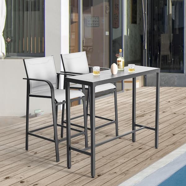 Nuu Garden Black 3-Piece Metal Iron Outdoor Serving Bar Set with Breathable Textilene Fabric and Powder-Coated Frame