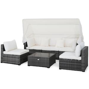 6-Piece PE Rattan Patio Furniture Set with Tempered Glass Table with Off-White Cushions and Retractable Canopy