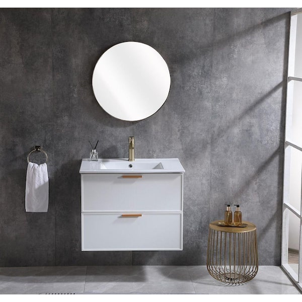 30 in. W x 18 in. D x 24 in. H 2-Drawers Floating Bathroom Vanities in White with Ceramic Sink Top