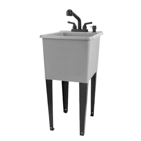 TEHILA 17.75 in. x 23.25 in. Thermoplastic Freestanding Space Saver Utility Sink in Grey - Black Faucet, Soap Dispenser