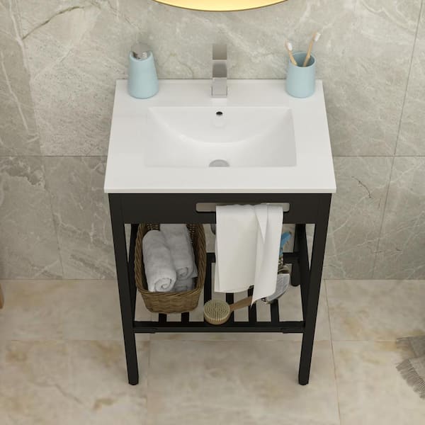 24 in. White Freestanding Rectangular Bathroom Ceramic Console Sink with Leg Combo in Matte Black