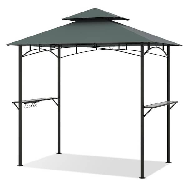 8 ft. x 5 ft. Gray Outdoor Double-Tiered Grill Gazebo Canopy with 2 Shelves and 7 Hooks
