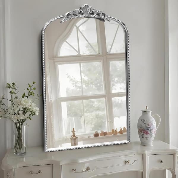 24 in. W x 36 in. H Vintage Antique Silver Arched Ornate Metal Frame Decorative Wall Mirror