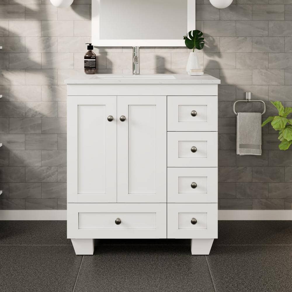 White Solid Wood 28 Inch Freestanding Bathroom Vanity with Porcelain Sink