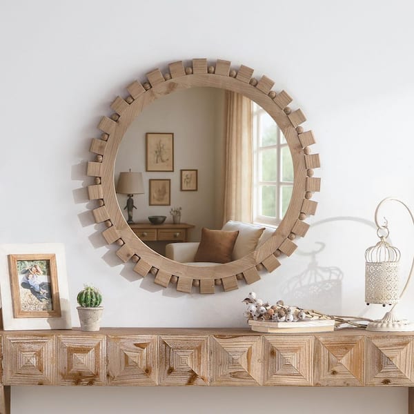 28 in. W x 28 in. H Round Wood Framed Wall Bathroom Vanity Mirror in Fir