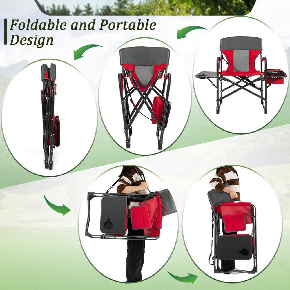 Red Folding Camping Chair with Cooler Bag and Side Table
