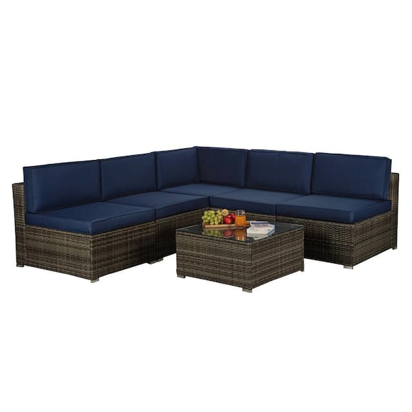 URTR 6-Piece Patio Conversation Set Outdoor Gray Rattan Wicker Sectional Sofa Seating Set for Backyard, Navy Blue Cushion
