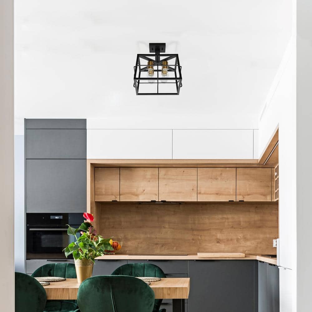Industrial Black Metal Square Semi Flush Mount Ceiling Fixture with LED Lights